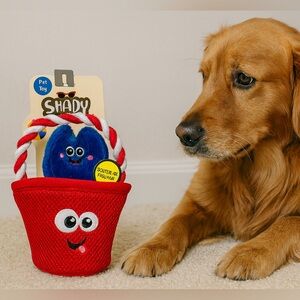 Shady Beach Pet Toy Bucket & Blue Character Squeaky Dog Toy